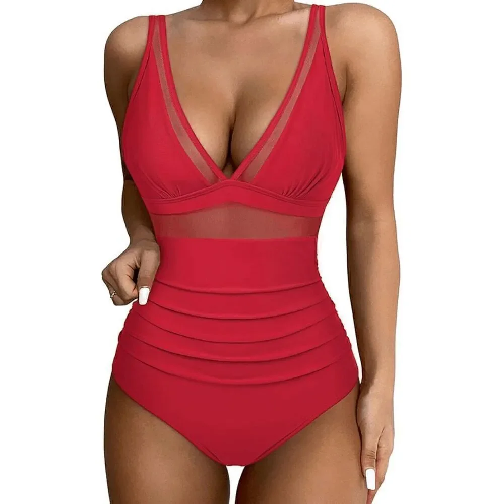 Lipstick Red Bright Cherry Mesh Plunge One Piece Swimsuit Medium